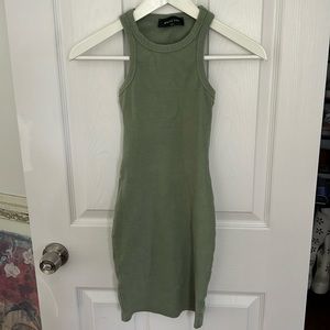 White fox mini dress, ribbed and fitted, sage green